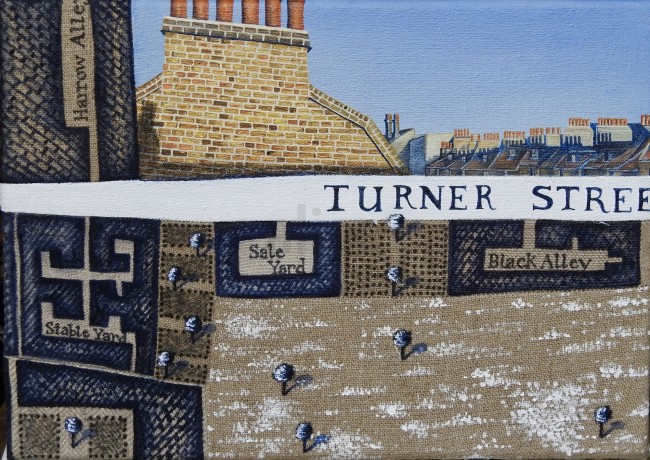 300 x 400 mm
Acrylic on canvas and linen
2020
This is the view from my studio / loft. Using the old map of London by John Rocque from 1746, I incorporate his work of the area into the sewn segments of linen and canvas that make up the rest of the composition. Thus combing old with new. Alice Blackley