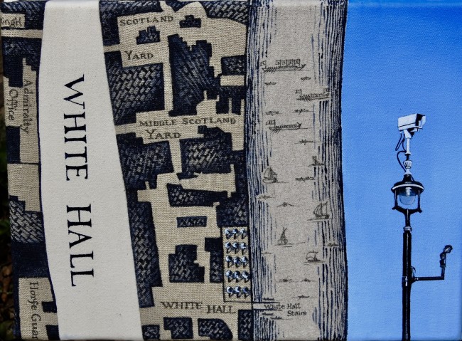 300 x 400 mm
2020
Acrylic on linen and canvas
Combining old imagery from John Rocque's map of London from 1746 and a contemporary scene of Whitehall today. I compose my picture by using both old and new elements into a composition from sewn up old scraps of linen and canvas that suit the original map layout of the famous area. Alice Blackley