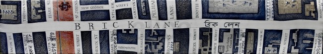 This work is an amalgamation of old and new. Using the map of London by John Rocque in 1746. I insert into the ladder-like arrangement of sewn canvas and linen, the contemporary street names that branch off from the famous Brick Lane. The street signs, which are now in two languages; English and Bengali. (Note that the Bengali name is not a translation but a transliteration of the English name). Reflect on the cultural shift from centuries ago to the multicultural Brick Lane of today.
Also painted into the canvas is one of the distinctive street lamps enabling a vertical shift to the long horizontal composition.
260 x 1540 mm
2020 Alice Blackley
