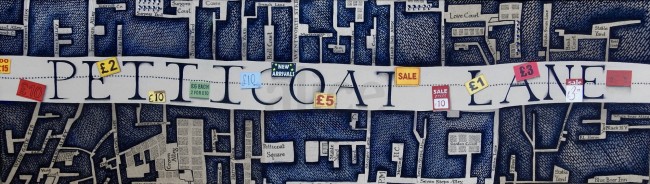 500 x 1750 mm 
Acrylic on Canvas & Linen
2020
Located in the East End's Spitalfeilds area, Petticoat Lane is one of the oldest and most famous markets in London. Using John Rocque's map of London from 1746 I superimpose the old street names into the jigsaw of sewn up bits of linen and canvas. I then bring the art work into a contemporary context by inserting into the main street (which is now no longer in existence), the everyday 'sale' signs that visually emblazon the lively market area of today.
This work is for sale at 1800 UK Pounds ( $ 3,600 NZ) Alice Blackley