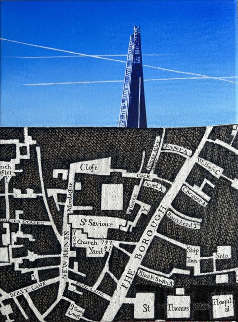 Acrylic on sewn linen and canvas
250 x 350 mm
2023
The source of the series starts from using parts of from the famous map of London,1746 by John Rocque, then I juxtapose a contemporary scene of that location in the picture. In this particular piece is one of my favourite landmarks of contemporary London - The Shard. Alice Blackley