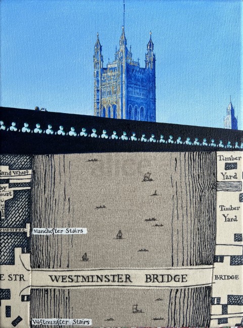 Acrylic on sewn canvas and linen 
250 x 350 mm
2023
I copied the section of Westminster Bridge from the famous map of London,1746 by John Rocque then juxtaposed a contemporary scene of a man taking a photo with his phone of the Houses of Parliament.  Alice Blackley