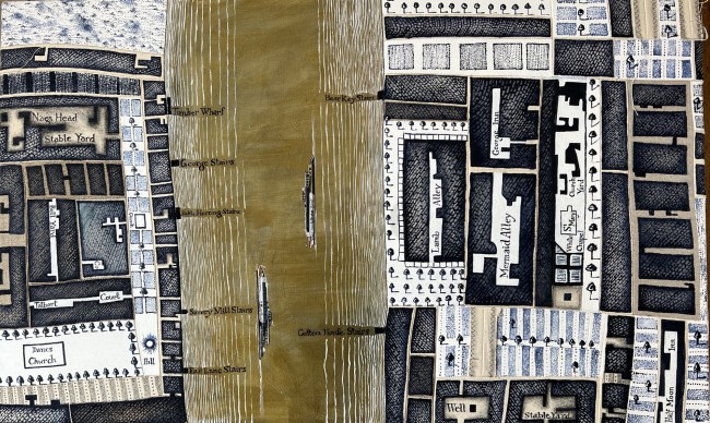 520 x 840 mm
Acrylic on raw linen and canvas
2023
I actually made this picture back in 2020 but it wasn't until now - 2023 that I could see that I needed something simple on The Thames as I had copied parts of John Rocque's 1746 map of London and nothing of the Thames River itself. So I have inserted 'Uber' boats going up and down to fit with my theme of old and new London.
This work is for sale at 850 pounds UK ($  Alice Blackley
