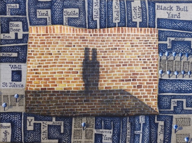 Acrylic on sewn linen and canvas
250 x 350 mm
2023
The scene is from window; an evening shadow of the neighbours chimney on the opposite street wall.  It is am image I feel that is soon to die out in contemporary London with all the sky scrapers being built. Using segments from the famous map of London,1746 by John Rocque I give this scene a surround of the old London to settle itself in so its not lost in the hustle and bustle of modern day London. Alice Blackley