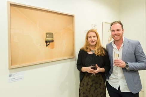 Central Otago District Arts Trust - Judges Felicity Milburn and Jamie Hanton with $5,000 Art Excellence Award winner Max Bellamy's work.