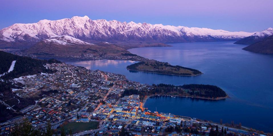 View of Queenstown at twilight from above