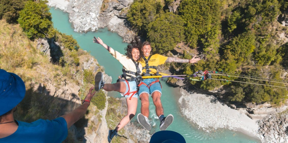 Jumping tandem on the Shotover Canyon Swing