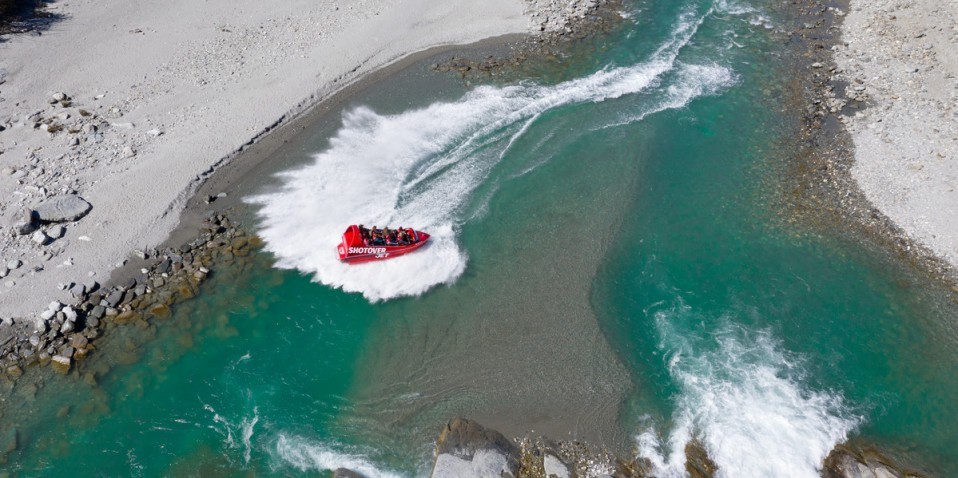 Aerial views of 360 degree spins on the Shotover Jet Queenstown