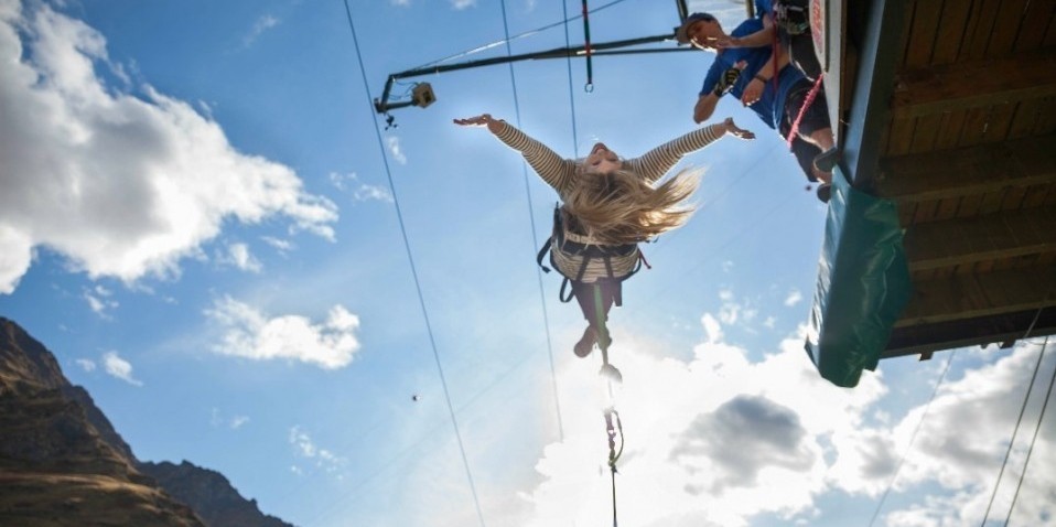 Customer released from the platform and falling gracefully at Shotover Canyon Swing Queenstown